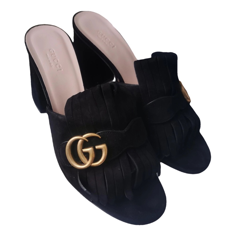 Gucci Black Suede GG Marmont Fringed Slide Sandals Size 39